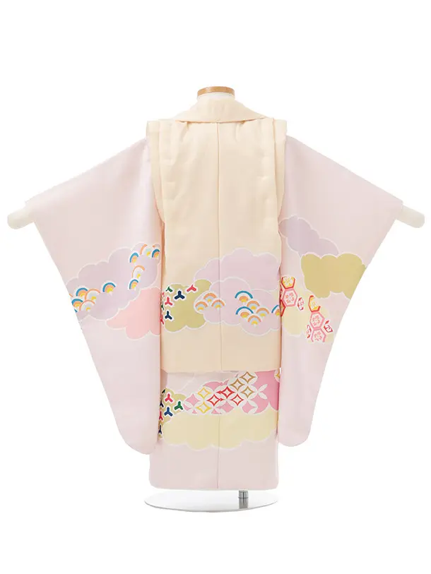 七五三(3歳女児被布)S282 卵色×ピンク 雲取り