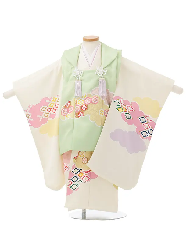 七五三(3歳女児被布)S283 パステルグリーン×ピンク 雲取り