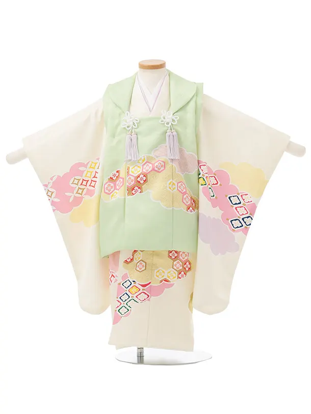 七五三(3歳女児被布)S283 パステルグリーン×ピンク 雲取り