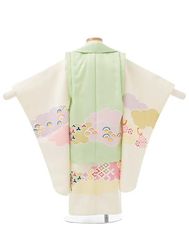 七五三(3歳女児被布)S283 パステルグリーン×ピンク 雲取り