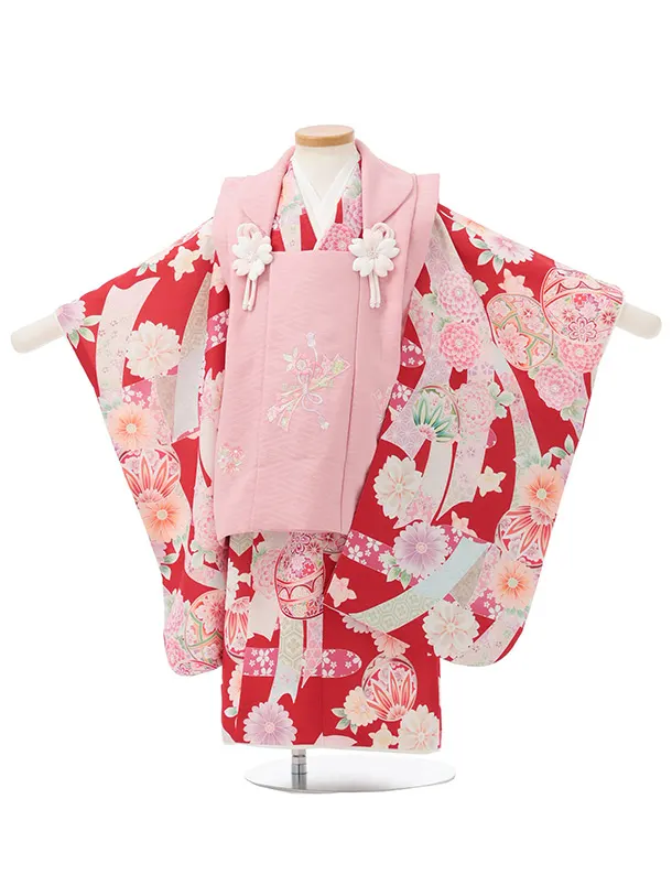 七五三(3歳女児)S285 式部ロマン ピンク 刺繍花熨斗×赤熨斗に鞠 菊