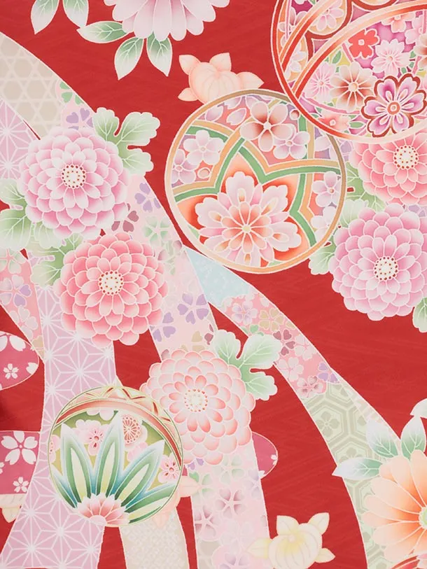 七五三(3歳女児)S285 式部ロマン ピンク 刺繍花熨斗×赤熨斗に鞠 菊
