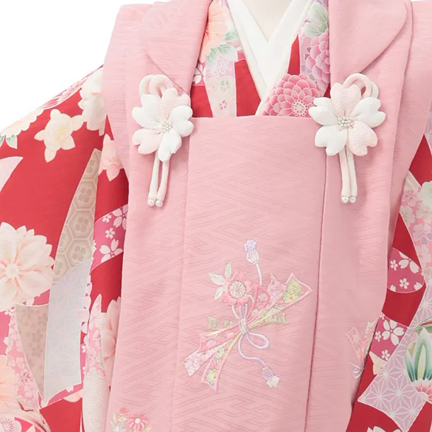 七五三(3歳女児)S285 式部ロマン ピンク 刺繍花熨斗×赤熨斗に鞠 菊