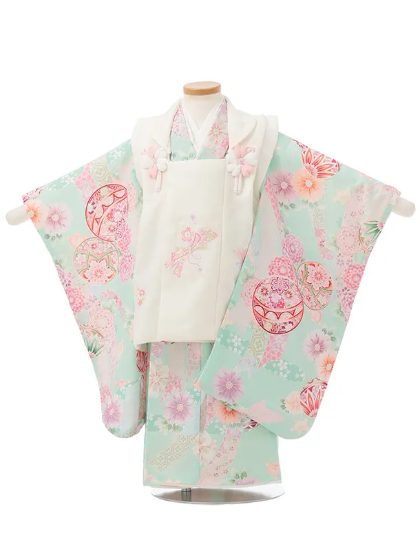 七五三(3歳女児)S287 式部浪漫 オフ白刺繍花熨斗×ヒワ色熨斗に鞠 菊
