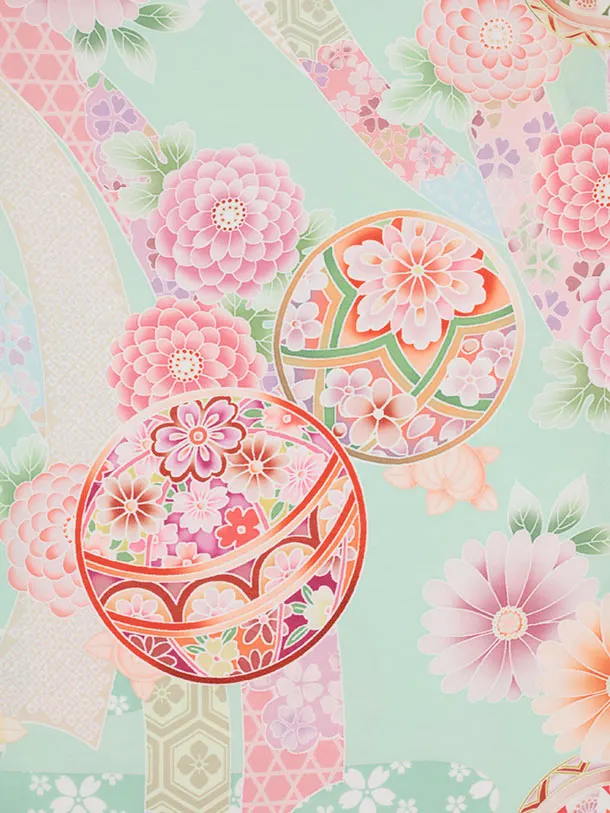 七五三(3歳女児)S287 式部浪漫 オフ白刺繍花熨斗×ヒワ色熨斗に鞠 菊