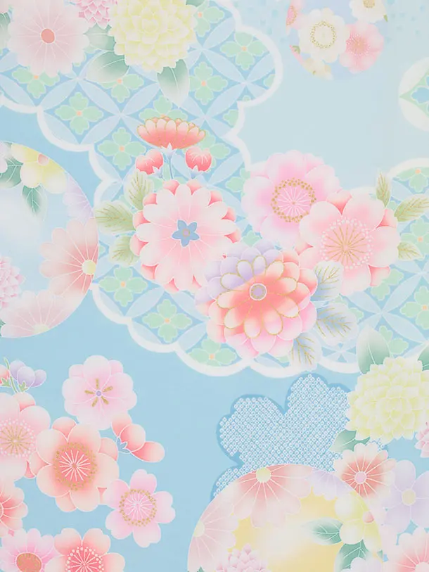 七五三(3歳女児)S288 式部浪漫 水色 刺繍花熨斗×水色熨斗に鞠 菊