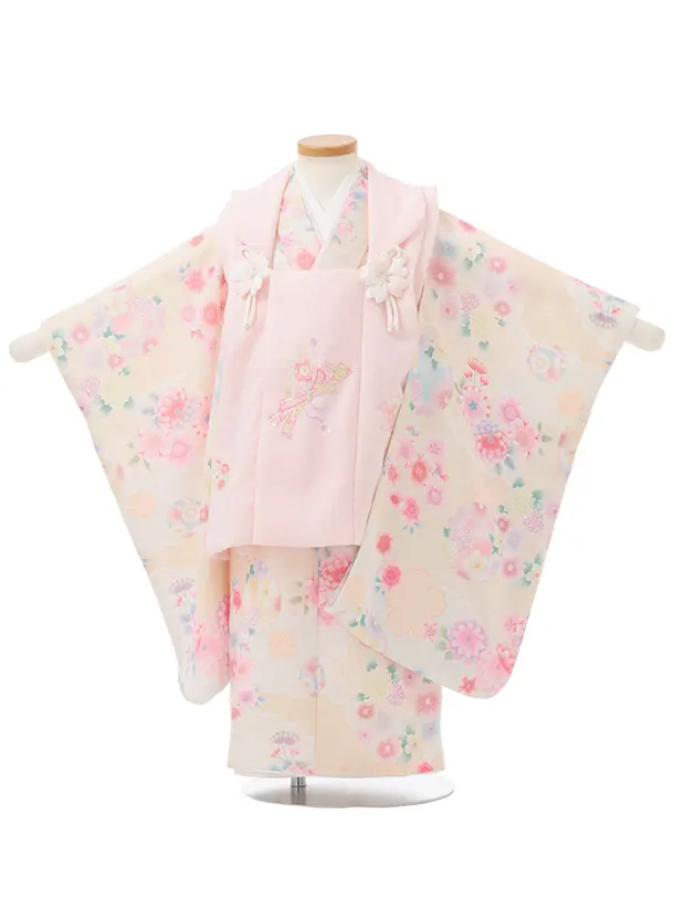 七五三(3歳女児)S290 式部浪漫 ピンク 刺繍花熨斗×クリーム 鞠 菊
