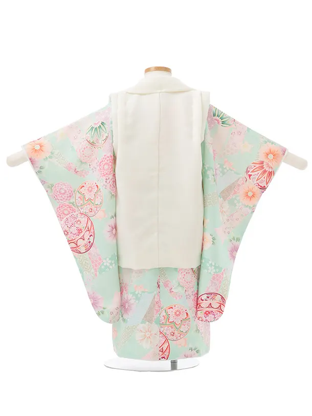 七五三(3歳女児)S295 式部浪漫 オフ白刺繍花熨斗×ヒワ色熨斗に鞠 菊