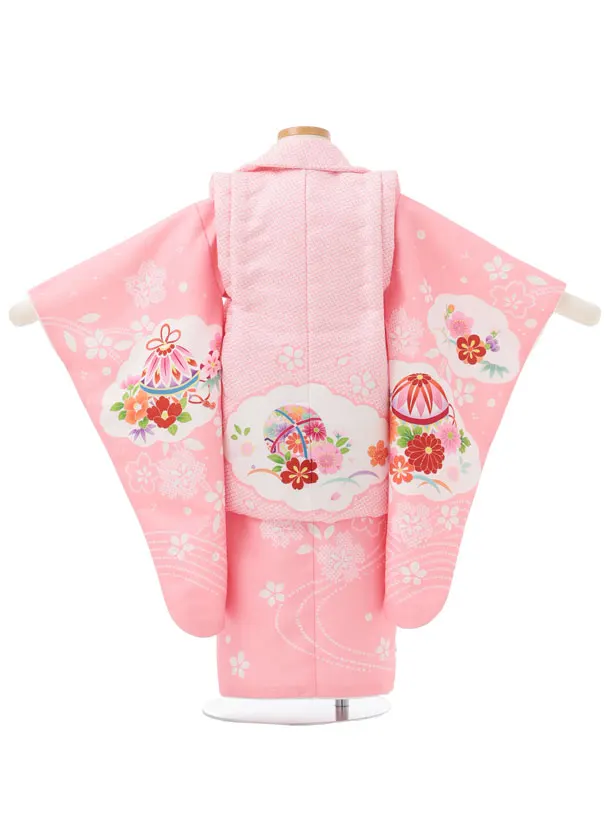 七五三レンタル(3歳女児被布)S299 ピンク鹿の子柄鞠×ピンク雲取り花車
