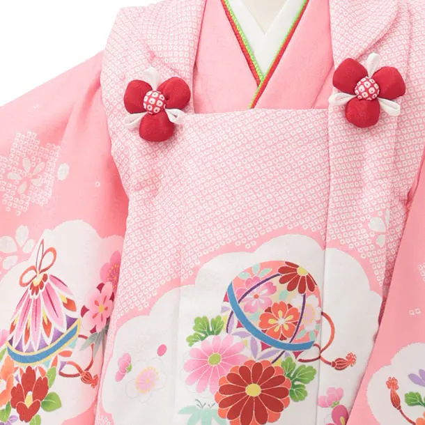 七五三レンタル(3歳女児被布)S299 ピンク鹿の子柄鞠×ピンク雲取り花車