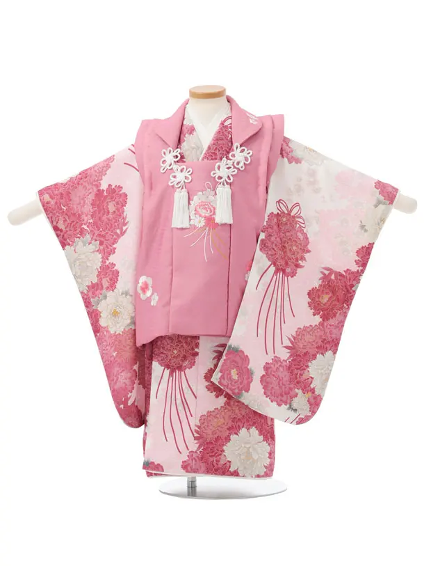 七五三レンタル(3歳女児被布)S301 ピンク 刺繍薬玉×白地 ピンク 薬玉牡丹