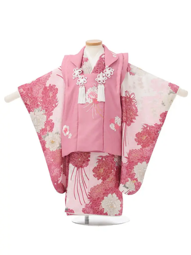 七五三レンタル(3歳女児被布)S301 ピンク 刺繍薬玉×白地 ピンク 薬玉牡丹