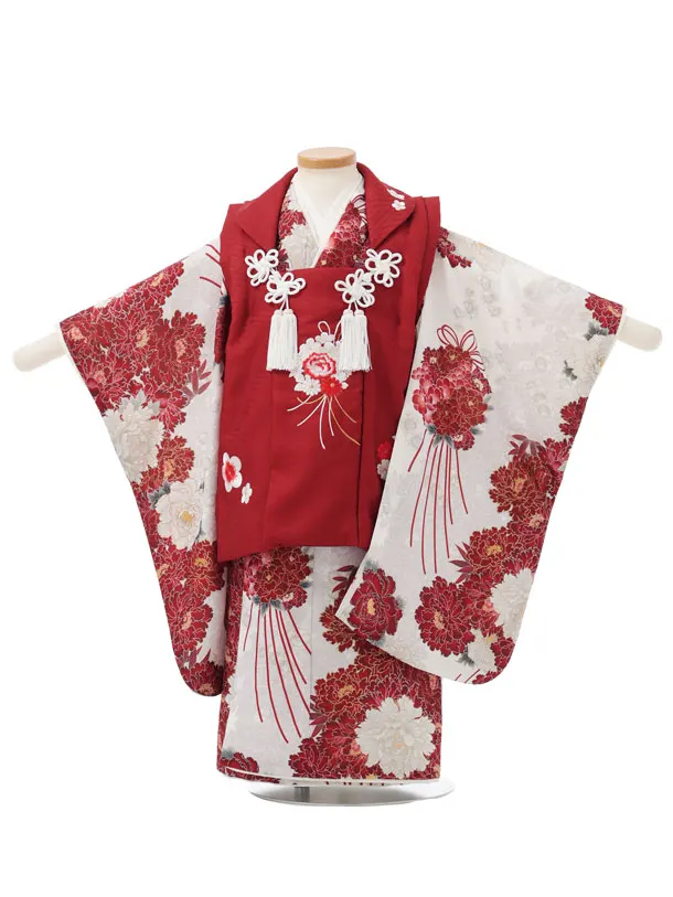 七五三レンタル(3歳女児被布)S302 赤 刺繍薬玉 × 白地 赤 薬玉牡丹