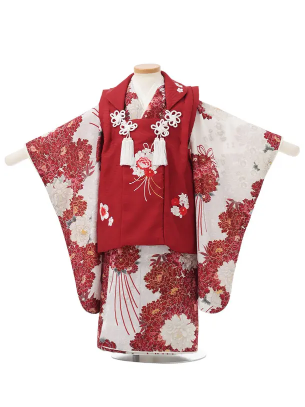 七五三レンタル(3歳女児被布)S302 赤 刺繍薬玉 × 白地 赤 薬玉牡丹
