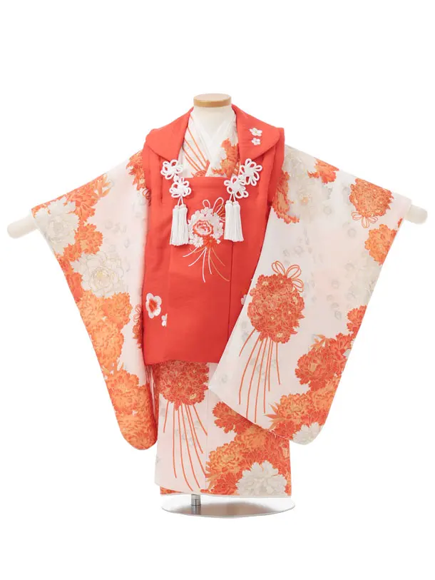 七五三(3歳女児被布)S303 オレンジ刺繍薬玉×白地オレンジ 薬玉牡丹