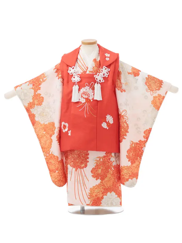七五三(3歳女児被布)S303 オレンジ刺繍薬玉×白地オレンジ 薬玉牡丹