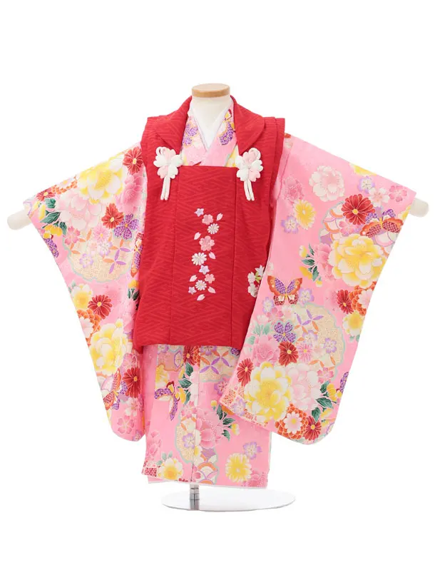七五三レンタル(3歳女児被布)S305 赤地 刺繍桜×ピンク地 花蝶