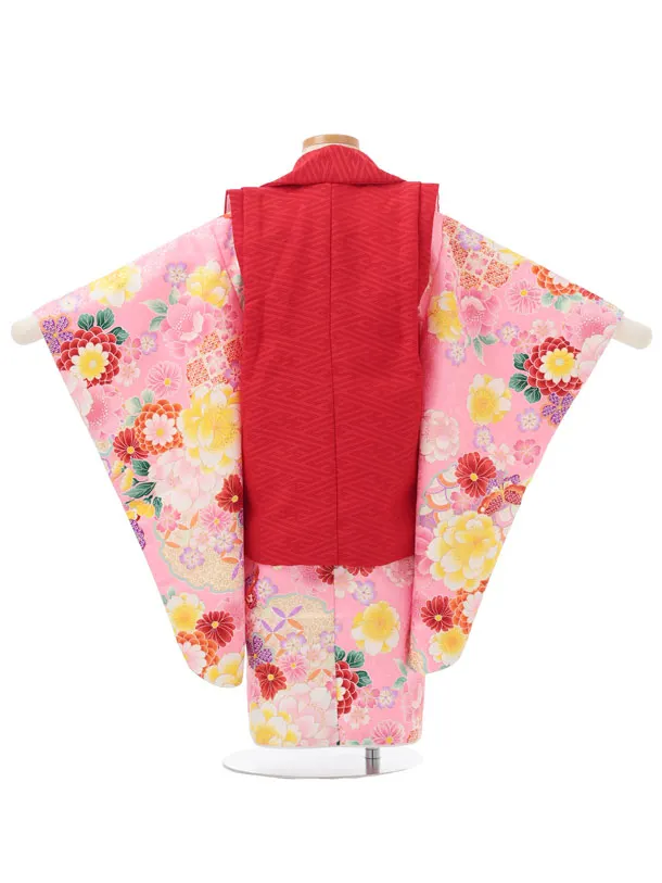 七五三レンタル(3歳女児被布)S305 赤地 刺繍桜×ピンク地 花蝶