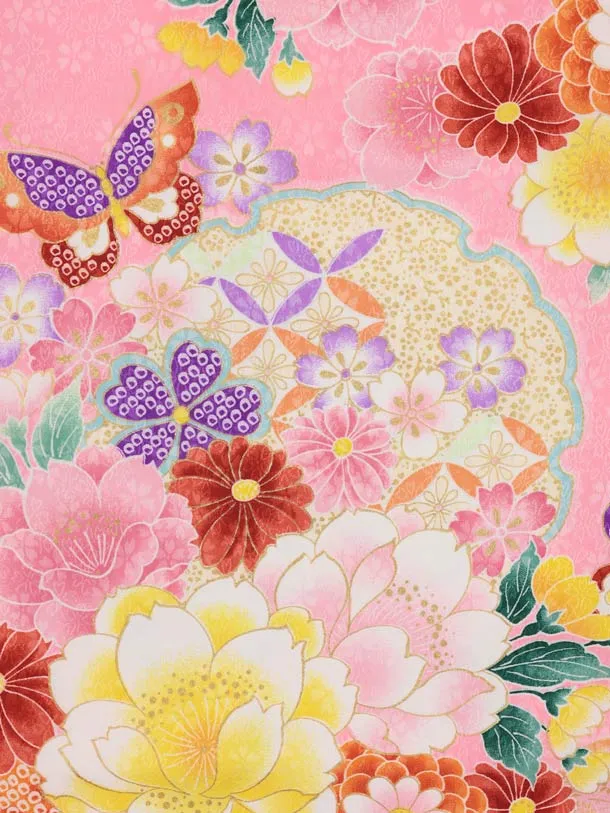 七五三レンタル(3歳女児被布)S305 赤地 刺繍桜×ピンク地 花蝶