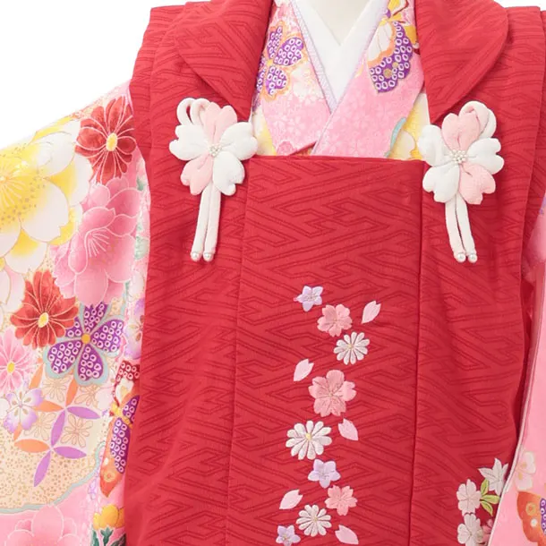 七五三レンタル(3歳女児被布)S305 赤地 刺繍桜×ピンク地 花蝶