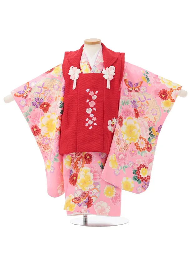七五三レンタル(3歳女児被布)S306 赤地 刺繍桜×ピンク地 花蝶