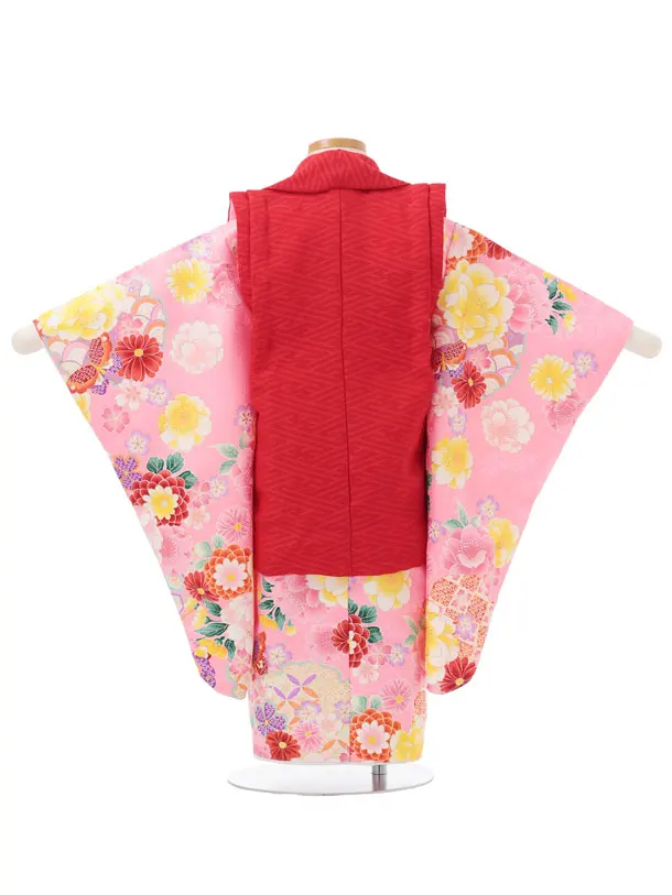 七五三レンタル(3歳女児被布)S306 赤地 刺繍桜×ピンク地 花蝶