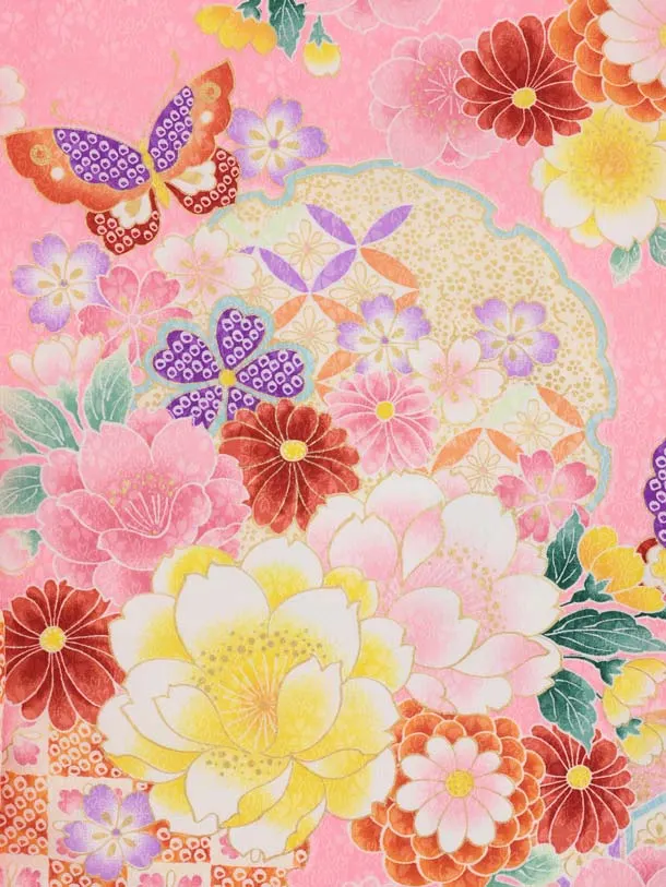 七五三レンタル(3歳女児被布)S306 赤地 刺繍桜×ピンク地 花蝶