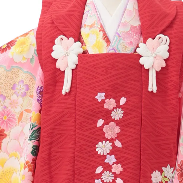 七五三レンタル(3歳女児被布)S306 赤地 刺繍桜×ピンク地 花蝶