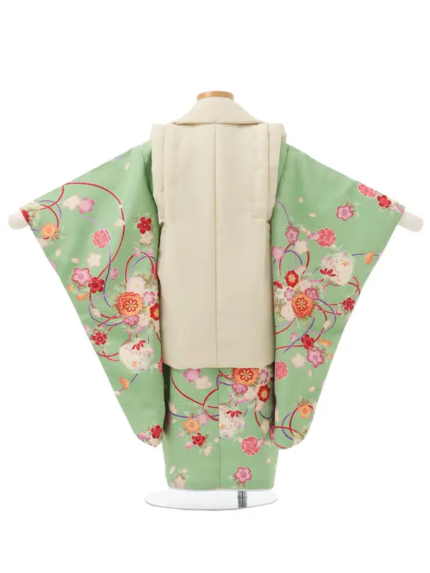 七五三レンタル(3歳女児被布)S307 ベージュ 刺繍椿×グリーン地 古典花