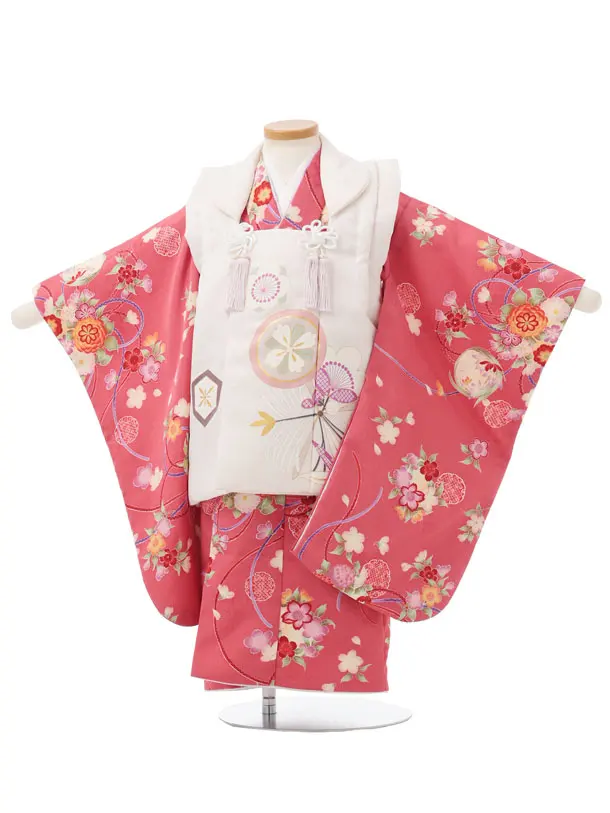 七五三レンタル(3歳女児被布)S308 白× ローズピンク 古典花