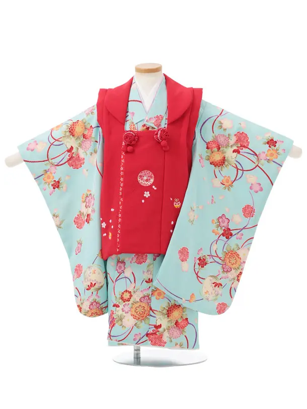 七五三レンタル(3歳女児被布)S309 赤地 刺繍まり×水色 古典花