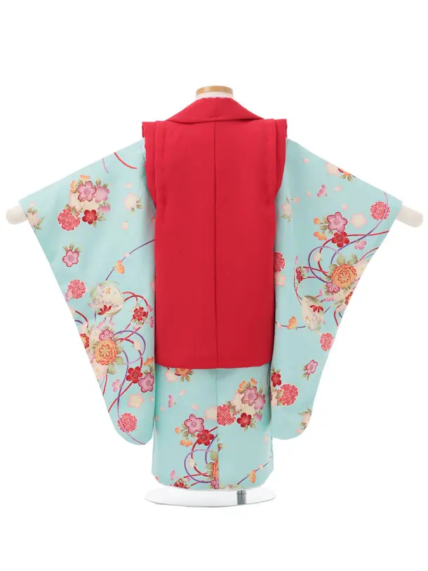 七五三レンタル(3歳女児被布)S309 赤地 刺繍まり×水色 古典花
