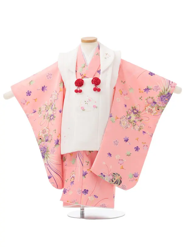 七五三レンタル(3歳女児被布)S311 白 刺繍卯×ピンク 鞠 古典花