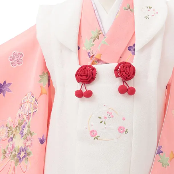 七五三レンタル(3歳女児被布)S311 白 刺繍卯×ピンク 鞠 古典花