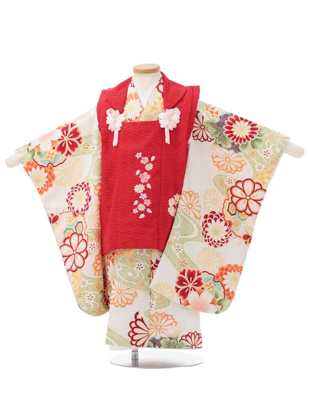 七五三レンタル(3歳女児被布)S312 赤地 刺繍桜 × 白地 古典花