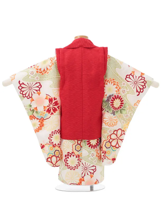 七五三レンタル(3歳女児被布)S312 赤地 刺繍桜 × 白地 古典花