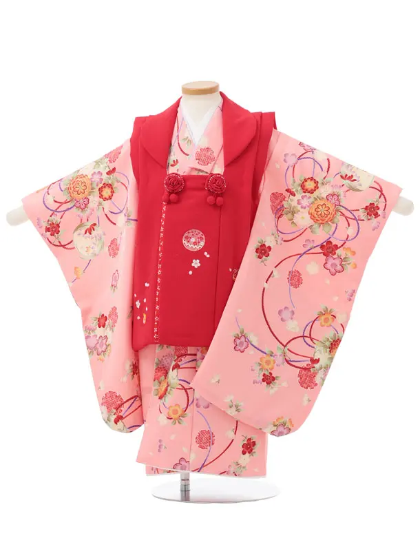 七五三レンタル(3歳女児被布)S313 赤地 刺繍まり×ピンク 古典花