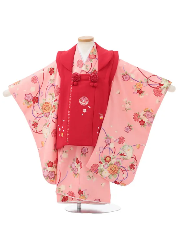 七五三レンタル(3歳女児被布)S314 赤地 刺繍まり ピンク 古典花