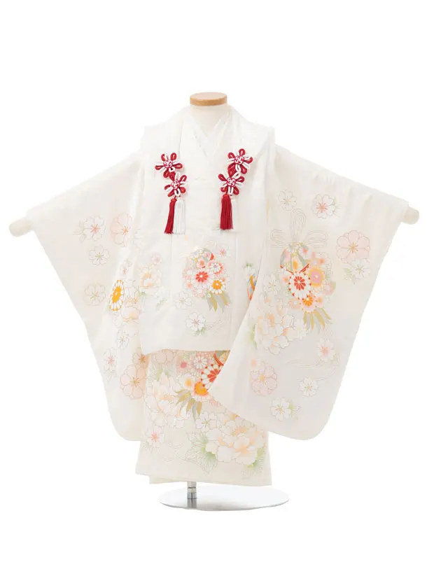七五三レンタル(3歳女児被布)S316 【正絹】白地 鞠花薬玉 牡丹