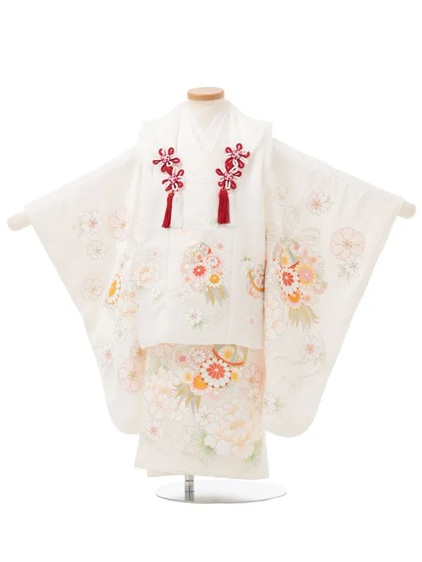 七五三レンタル(3歳女児被布)S316 【正絹】白地 鞠花薬玉 牡丹