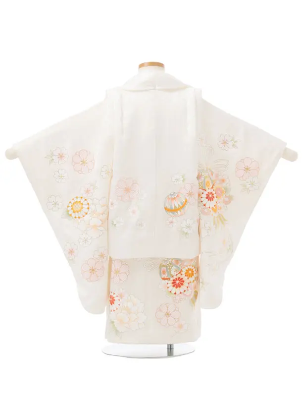 七五三レンタル(3歳女児被布)S316 【正絹】白地 鞠花薬玉 牡丹