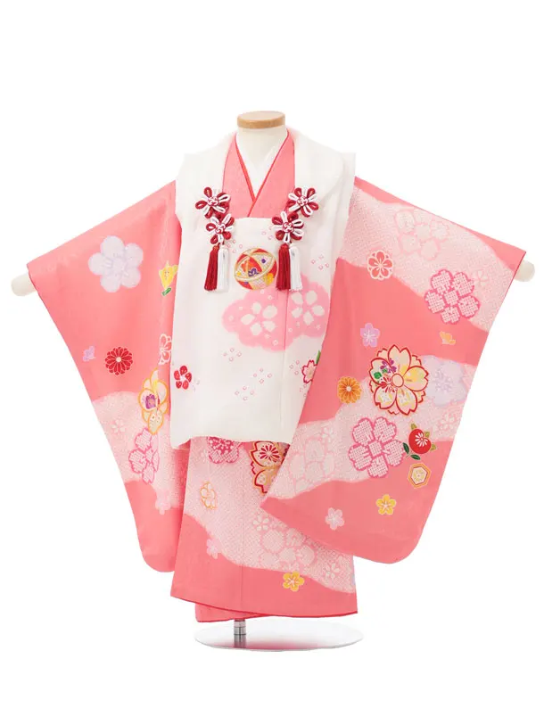 七五三レンタル(3歳女児被布)S318 【正絹】白地 刺繍まり×ピンク八重桜に橘