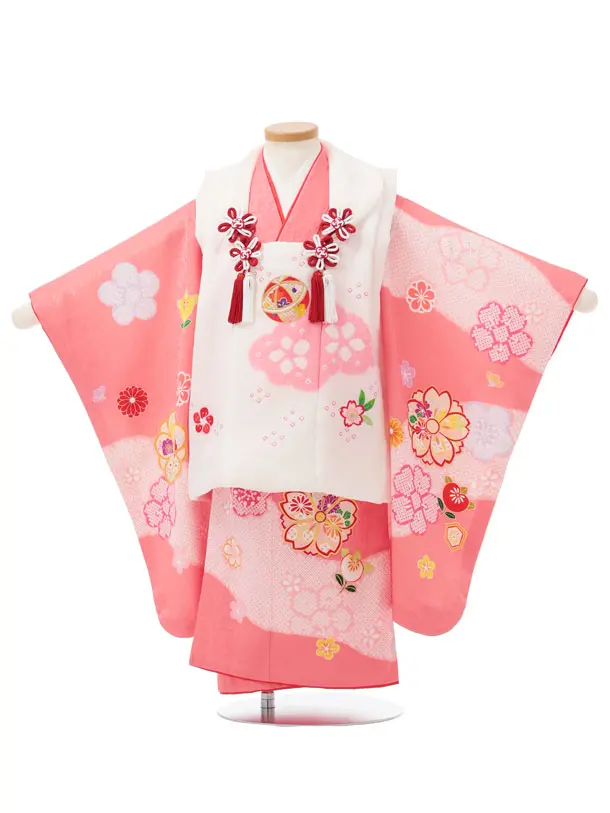 七五三レンタル(3歳女児被布)S318 【正絹】白地 刺繍まり×ピンク八重桜に橘