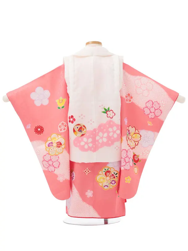 七五三レンタル(3歳女児被布)S318 【正絹】白地 刺繍まり×ピンク八重桜に橘