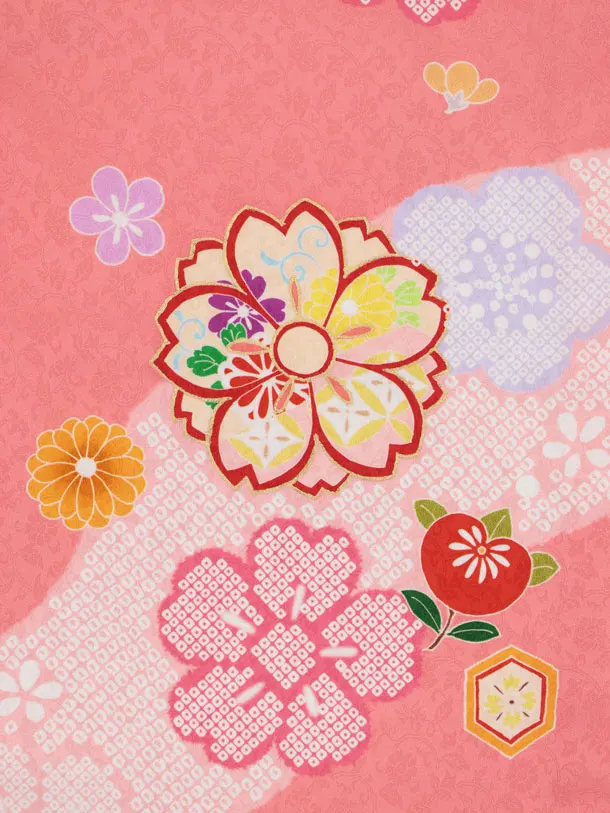七五三レンタル(3歳女児被布)S318 【正絹】白地 刺繍まり×ピンク八重桜に橘