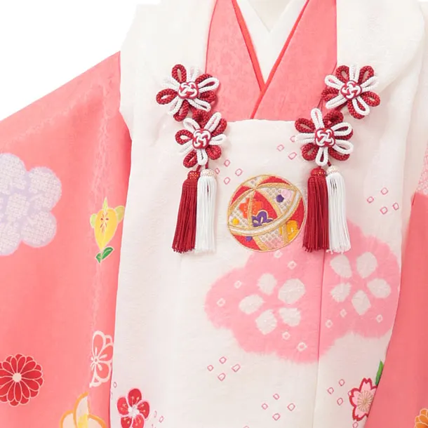 七五三レンタル(3歳女児被布)S318 【正絹】白地 刺繍まり×ピンク八重桜に橘