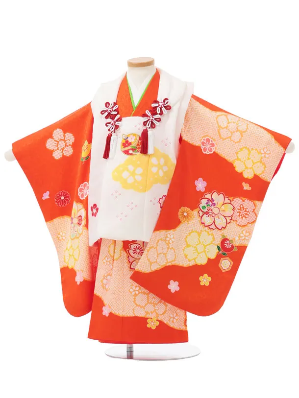 七五三レンタル(3歳女児被布)S319 【正絹】白地 刺繍鈴×オレンジ八重桜に橘