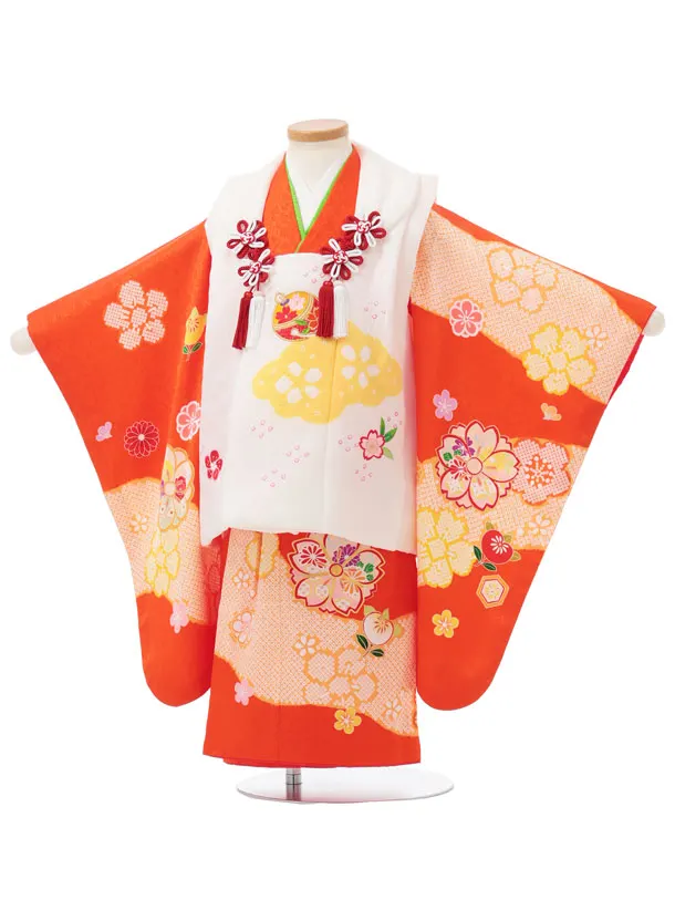 七五三レンタル(3歳女児被布)S319 【正絹】白地 刺繍鈴×オレンジ八重桜に橘