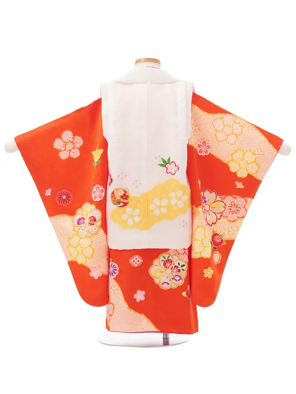 七五三レンタル(3歳女児被布)S319 【正絹】白地 刺繍鈴×オレンジ八重桜に橘