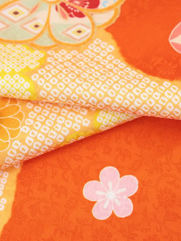 七五三レンタル(3歳女児被布)S319 【正絹】白地 刺繍鈴×オレンジ八重桜に橘